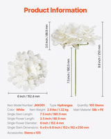 VEVOR Artificial Flowers, 105 pcs Real Looking White Silk Fake Hydrangea Bulk, White Faux Bridal Shower with Stems for DIY Wedding Bouquets, Home Centerpieces Arrangements, Party Tables Decorations - Close-Up Angle