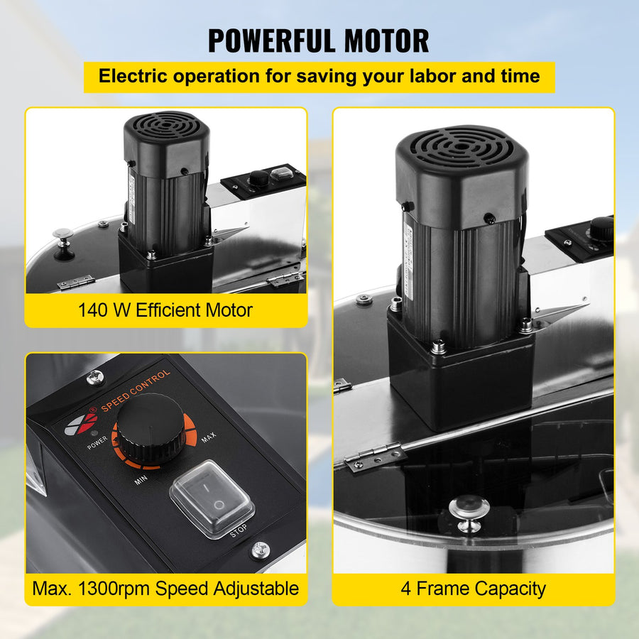 VEVOR 4 Frame Electric Honey Extractor Beekeeping 120 W Motor 2 Clear Lids