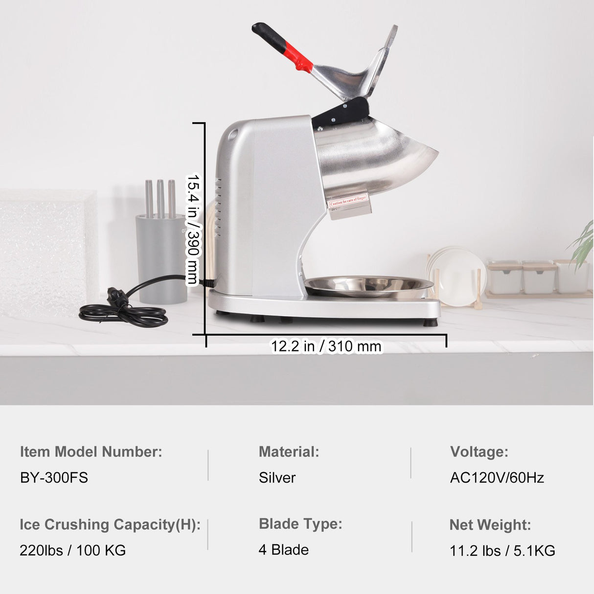 VEVOR Ice Crushers Machine, 220lbs Per Hour Electric Snow Cone Maker with 4 Blades, 300W Electric Ice Crusher with Cover and Bowl for Home and