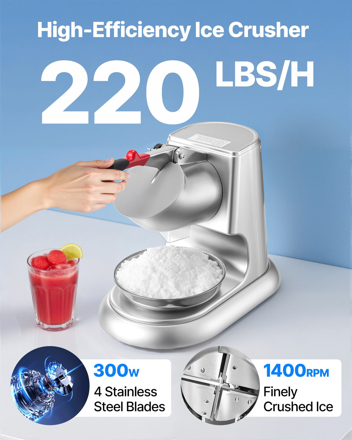 VEVOR Commercial Ice Crusher 100KG/H Electric Snow Cone Maker Shaved Ice Silver