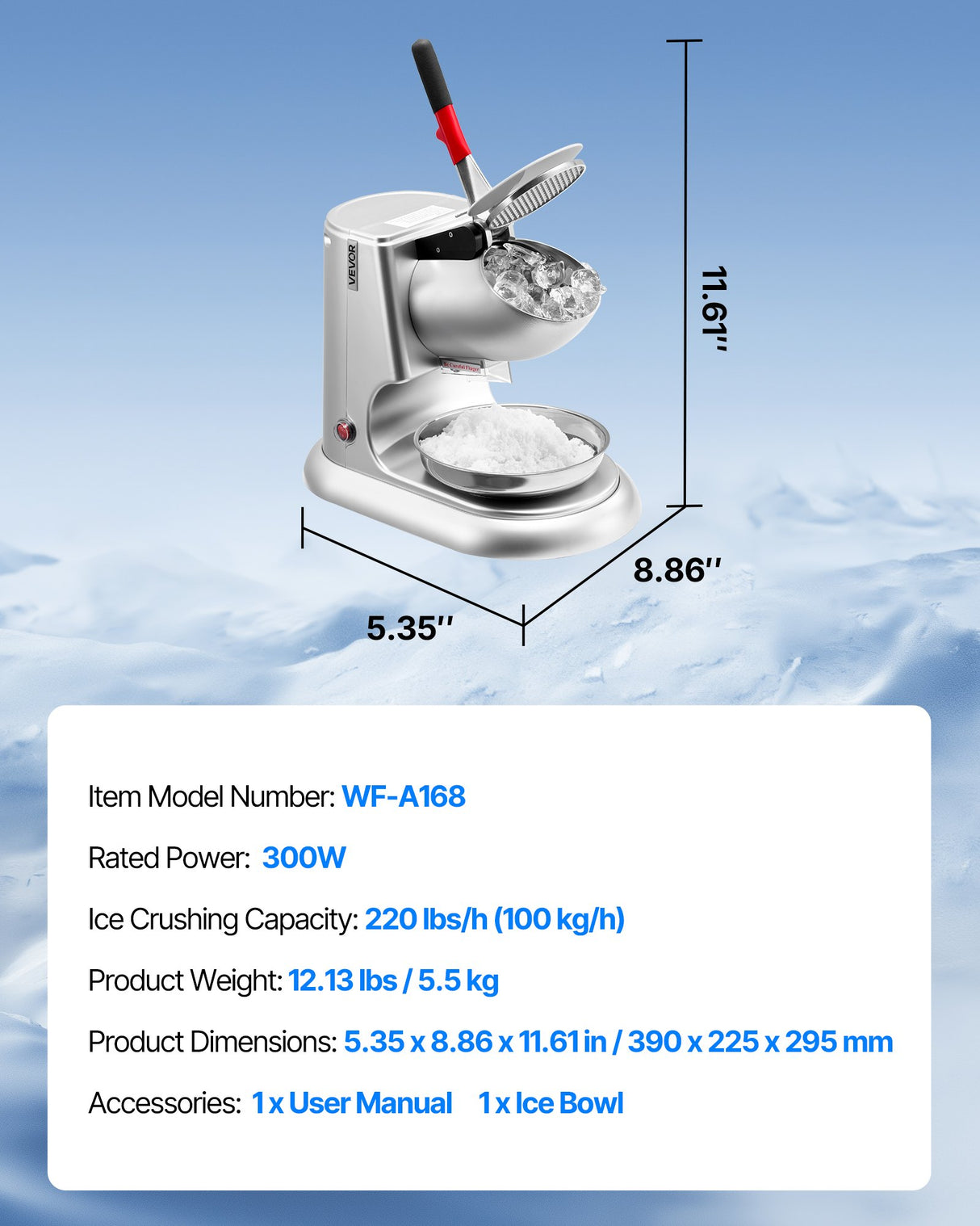 VEVOR Commercial Ice Crusher 100KG/H Electric Snow Cone Maker Shaved Ice Silver