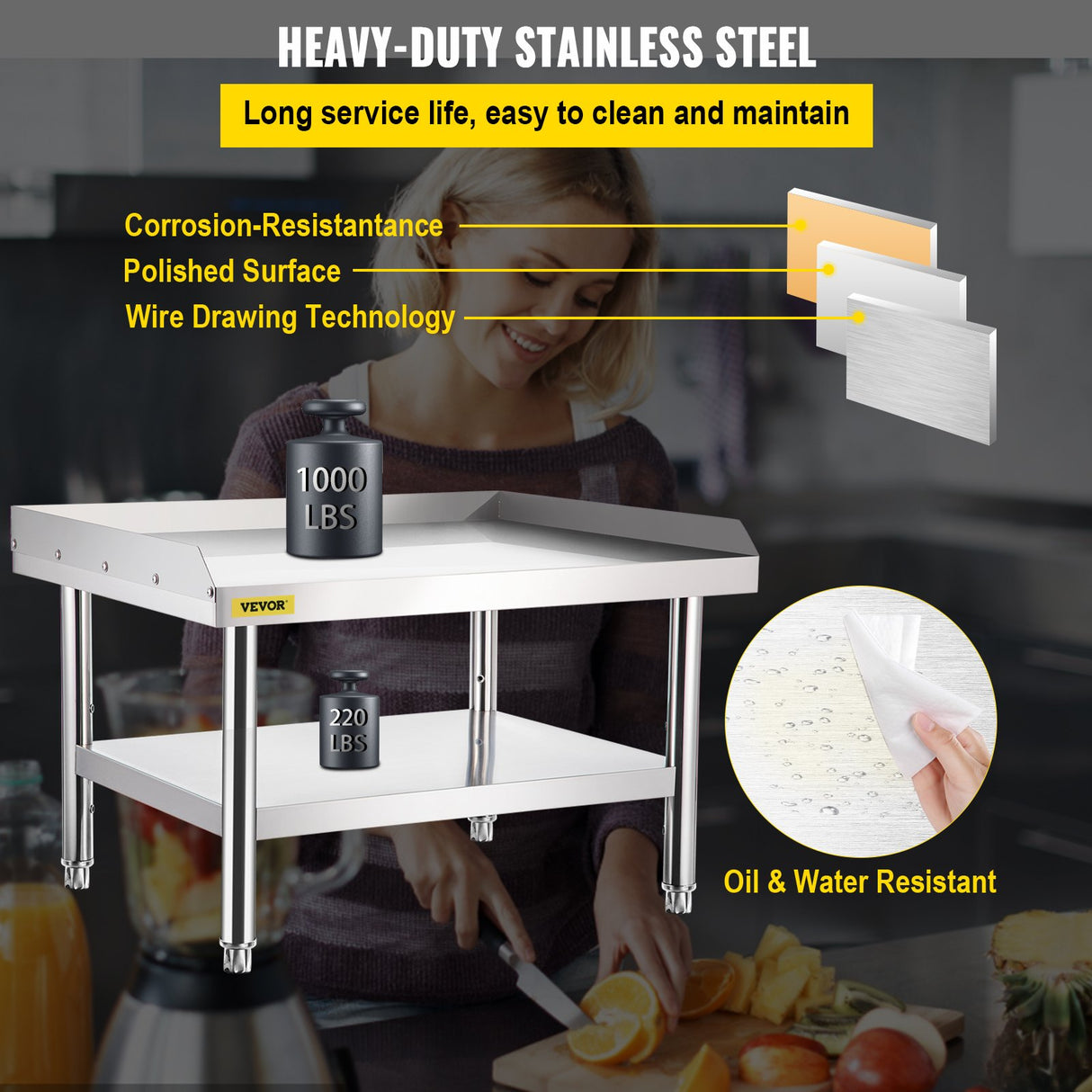 VEVOR Stainless Steel Equipment Grill Stand, 122 x 76 x 61cm Stainless Table, Grill Stand Table with Adjustable Storage Undershelf, Equipment Stand