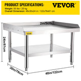 VEVOR Stainless Steel Equipment Grill Stand, 122 x 76 x 61cm Stainless Table, Grill Stand Table with Adjustable Storage Undershelf, Equipment Stand Grill Table for Hotel, Home, Restaurant Kitchen - Close-Up Angle