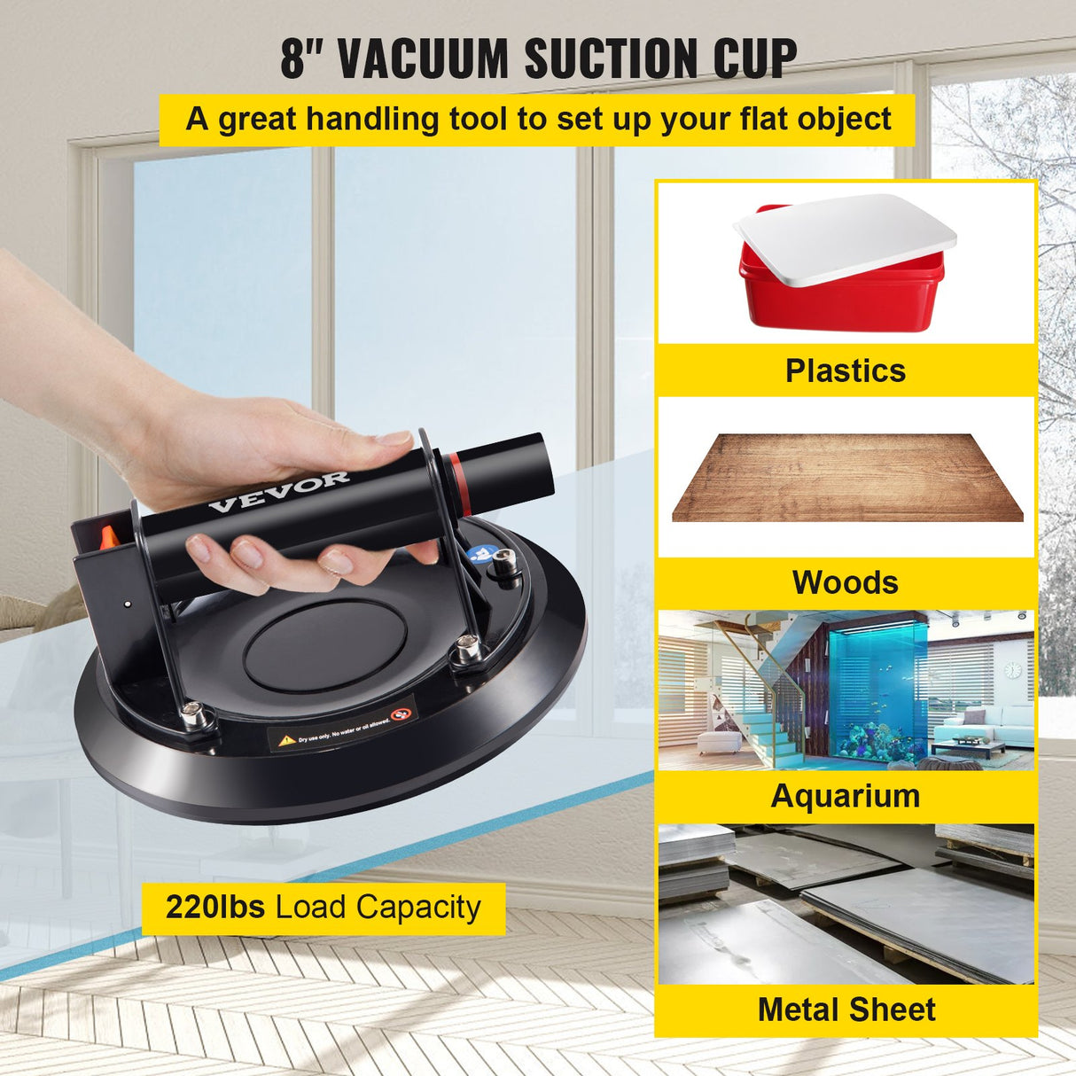 VEVOR Glass Suction Cup, 8'' Vacuum Suction Cup, 220lbs Load Capacity Vacuum Glass Lifter with Plastic Handle, Heavy-Duty Hand-Held Glass Lifter For