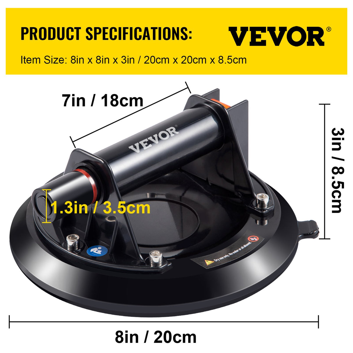 VEVOR Glass Suction Cup, 8'' Vacuum Suction Cup, 220lbs Load Capacity Vacuum Glass Lifter with Plastic Handle, Heavy-Duty Hand-Held Glass Lifter For