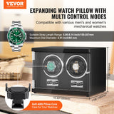 VEVOR Watch Winder, Dual Watch Winder for Men's and Women's Automatic Watch, with 2 Super Quiet Japanese Mabuchi Motors, Blue LED Light and Adapter, High-Density Board Shell and Black PU - Front View