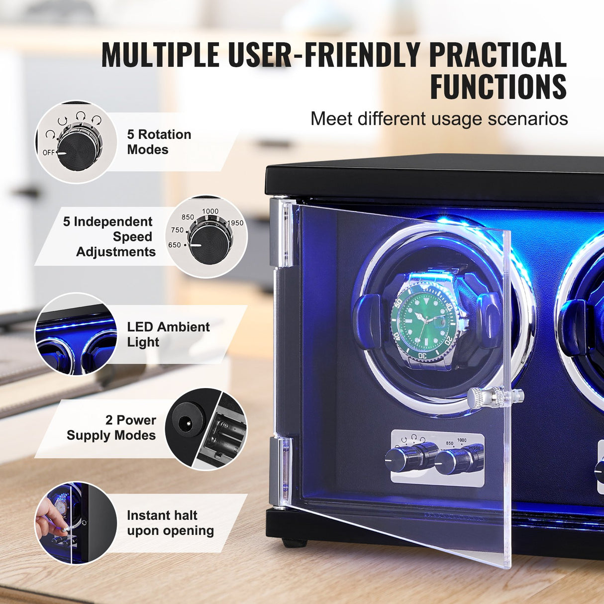 VEVOR Watch Winder, Dual Watch Winder for Men's and Women's Automatic Watch, with 2 Super Quiet Japanese Mabuchi Motors, Blue LED Light and Adapter,