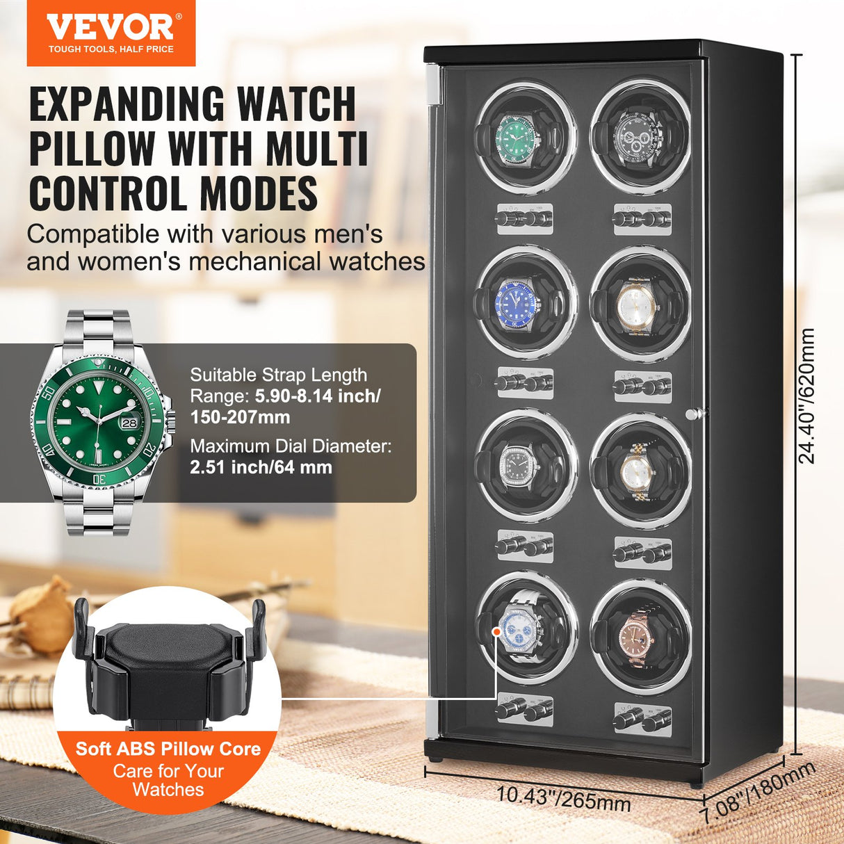 VEVOR Watch Winder, Watch Winder for 8 Men's and Women's Automatic Watches, with 8 Super Quiet Japanese Mabuchi Motors, Blue LED Light and Adapter,