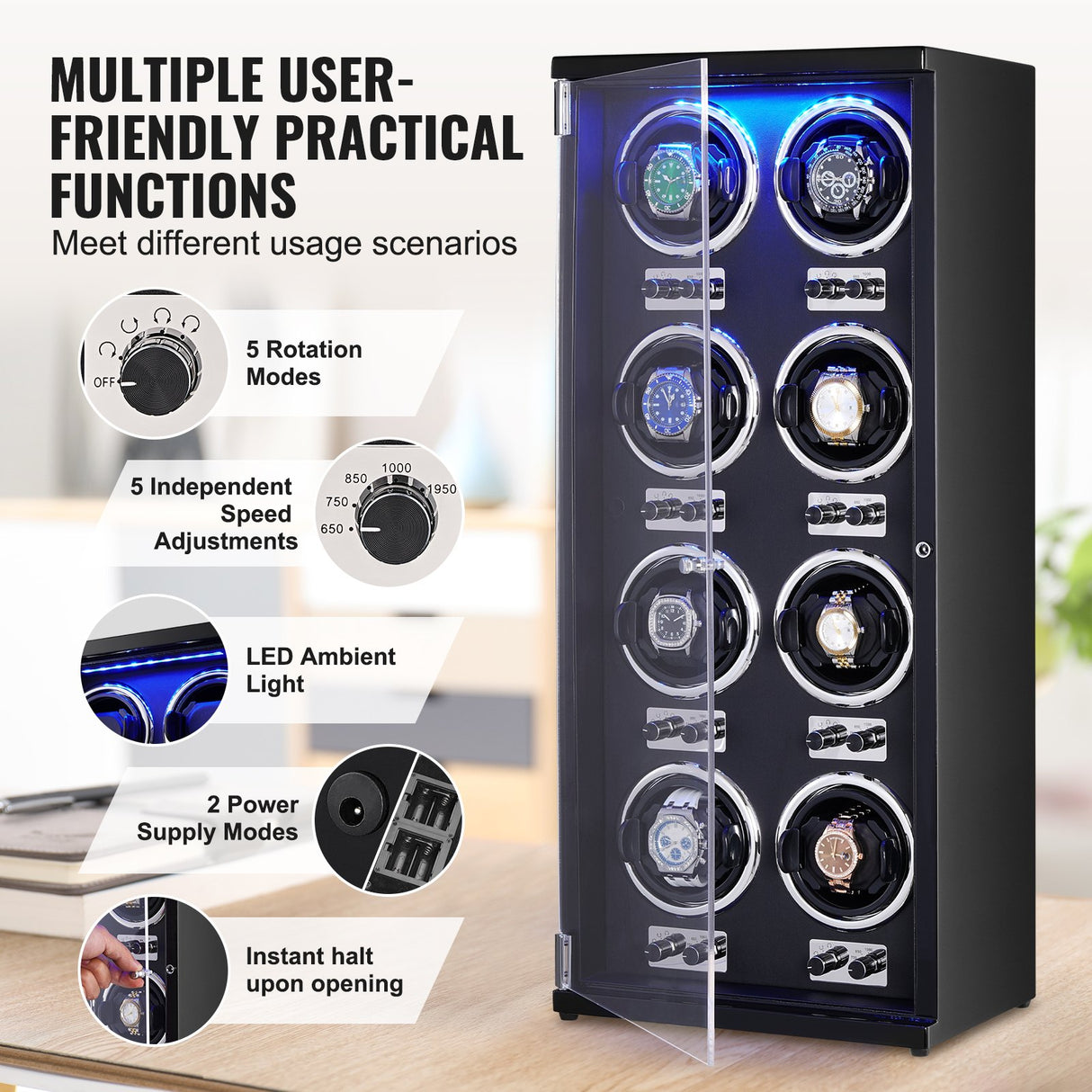VEVOR Watch Winder, Watch Winder for 8 Men's and Women's Automatic Watches, with 8 Super Quiet Japanese Mabuchi Motors, Blue LED Light and Adapter,