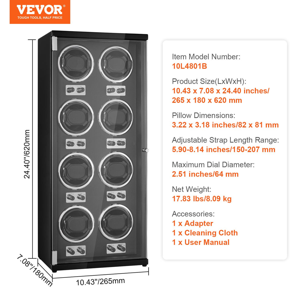 VEVOR Watch Winder, Watch Winder for 8 Men's and Women's Automatic Watches, with 8 Super Quiet Japanese Mabuchi Motors, Blue LED Light and Adapter, High-Density Board Shell and Black PU