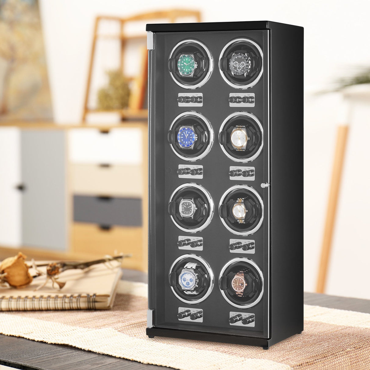 VEVOR Watch Winder, Watch Winder for 8 Men's and Women's Automatic Watches, with 8 Super Quiet Japanese Mabuchi Motors, Blue LED Light and Adapter, High-Density Board Shell and Black PU