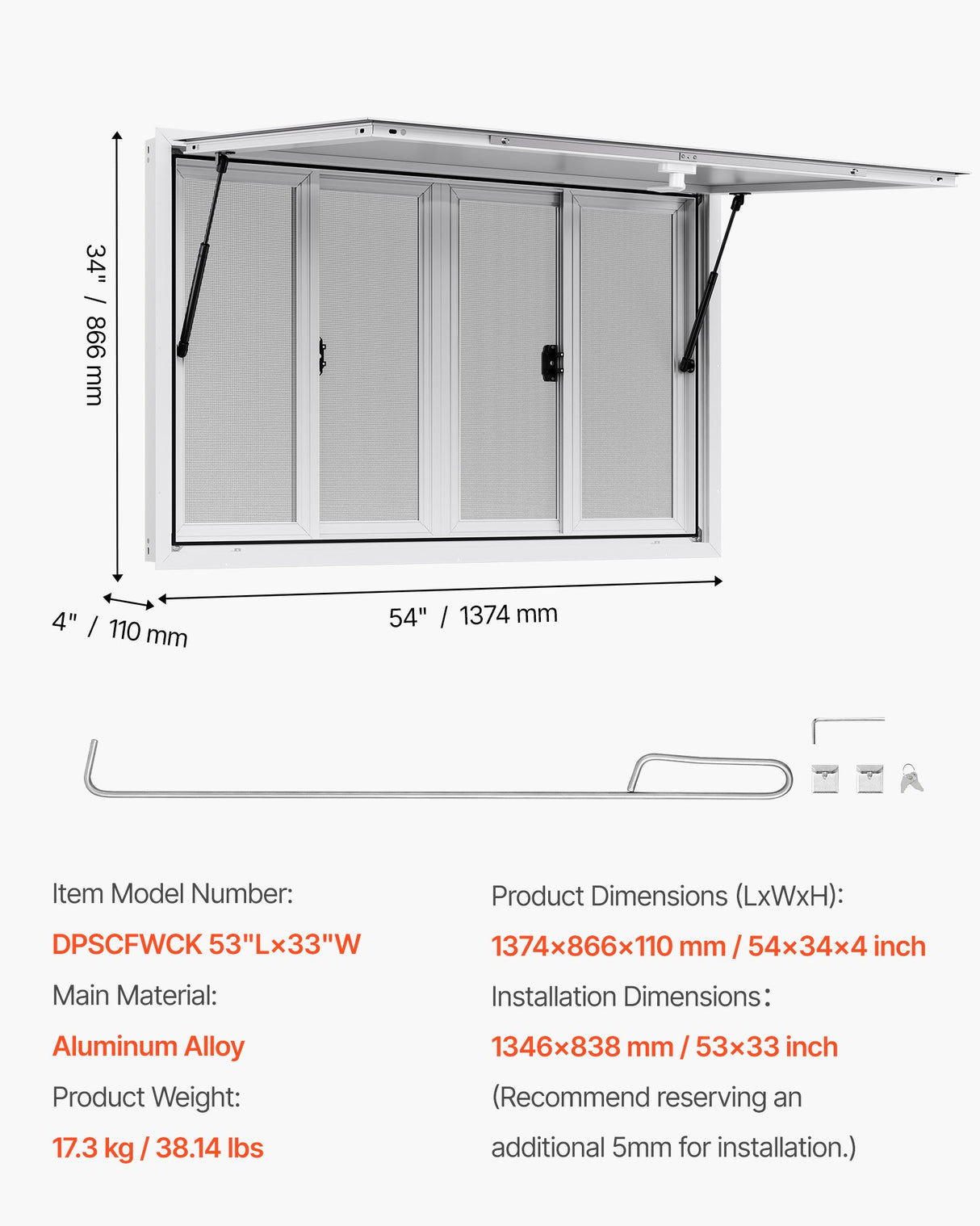 VEVOR Concession Window 1346x838 mm, Aluminum Alloy Service Window for Food Truck, Up to 85 Degrees Stand Serving Window with 4 Sliding Windows, Awning Door, and Drag Hook, for Concession Trailers