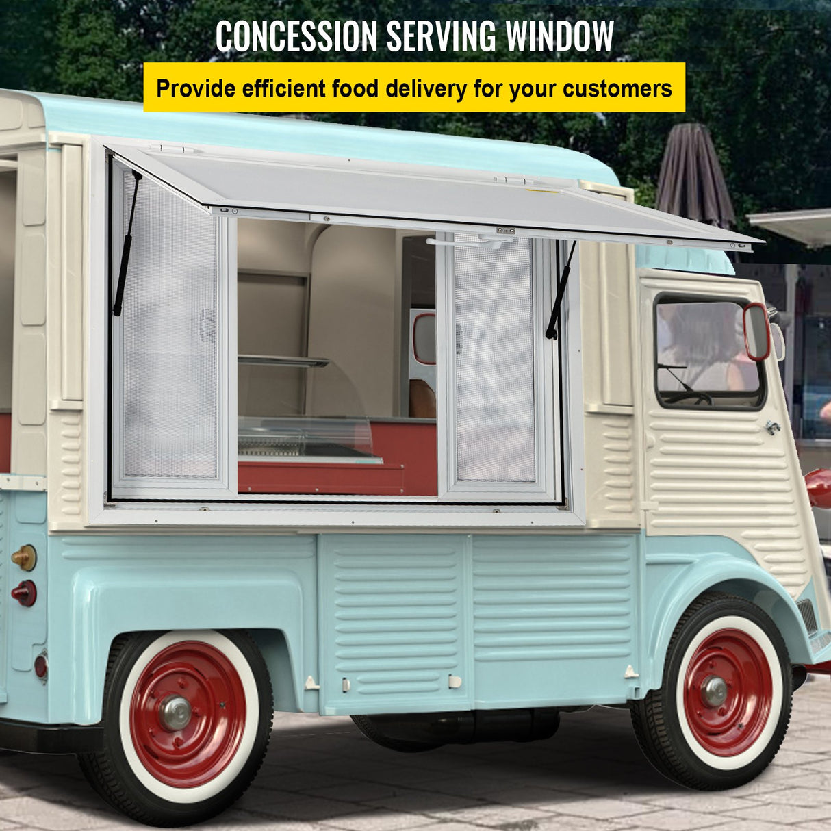 VEVOR Concession Window, 91.4 x 91.4 cm Aluminum Alloy Food Truck Service Window with 4 Horizontal Sliding Screen Windows & Awning Door & Drag Hook,