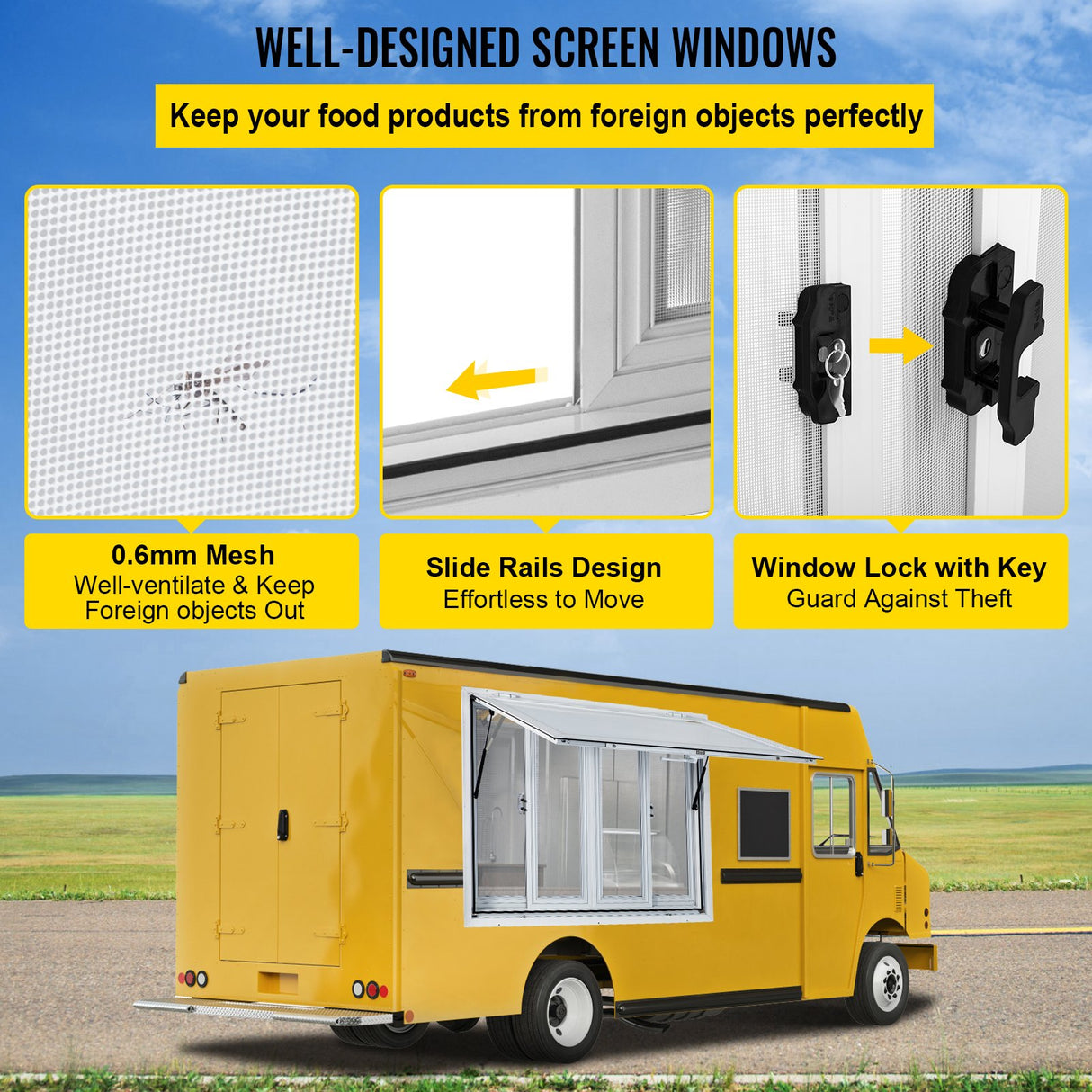 VEVOR Concession Window, 91.4 x 91.4 cm Aluminum Alloy Food Truck Service Window with 4 Horizontal Sliding Screen Windows & Awning Door & Drag Hook,