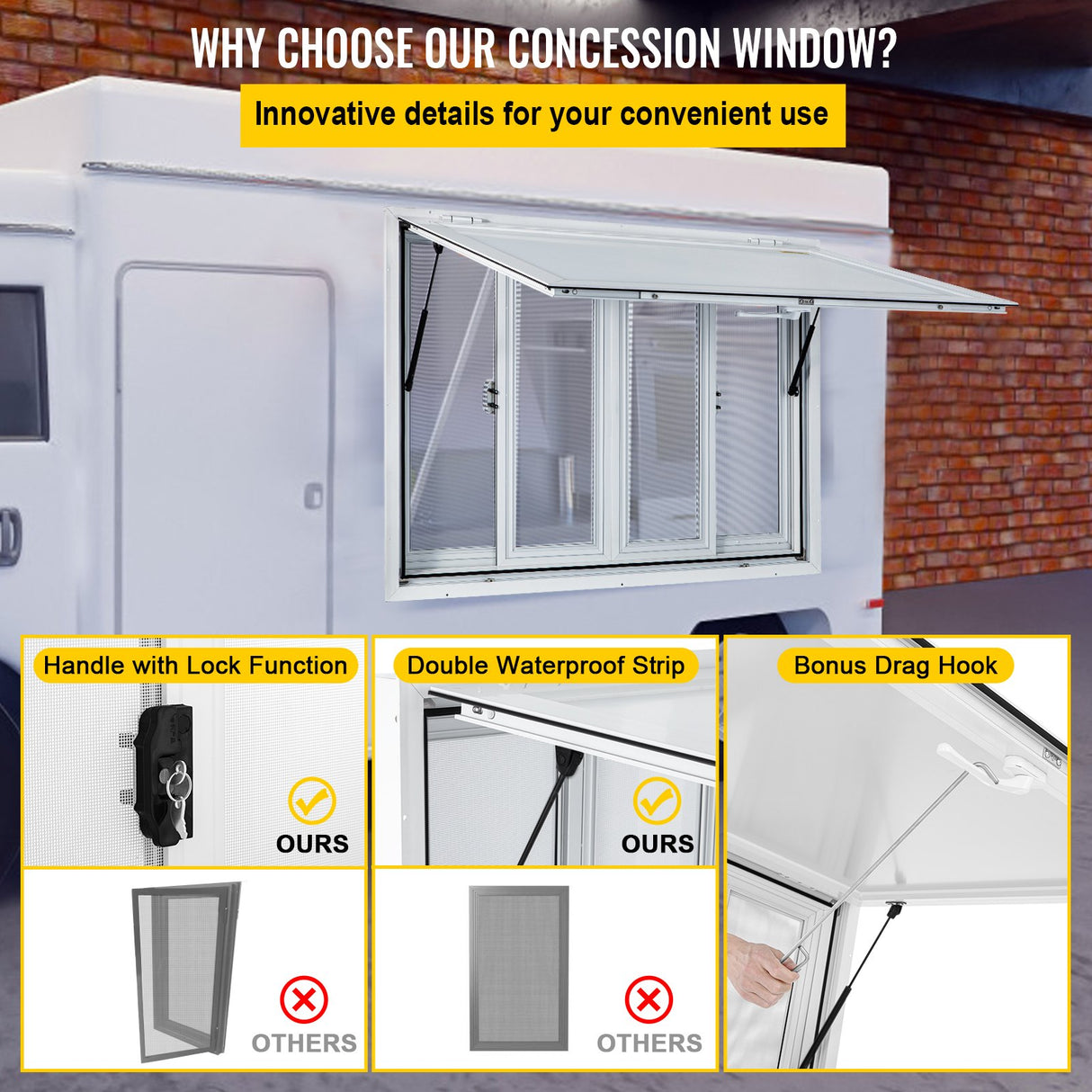 VEVOR Concession Window, 91.4 x 91.4 cm Aluminum Alloy Food Truck Service Window with 4 Horizontal Sliding Screen Windows & Awning Door & Drag Hook,