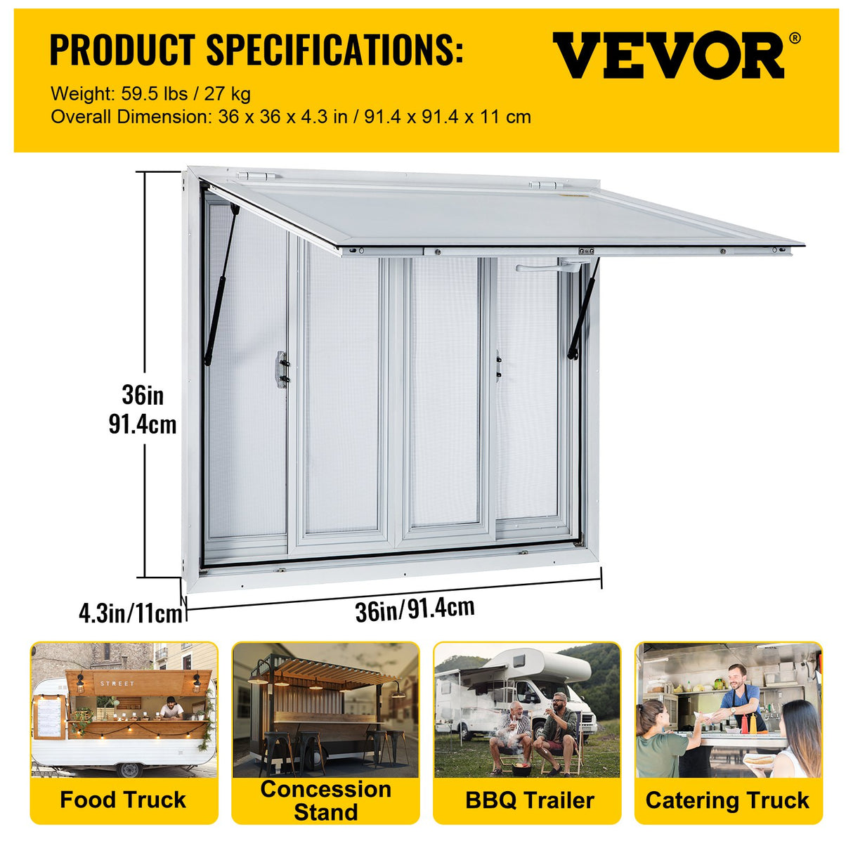 VEVOR Concession Window, 91.4 x 91.4 cm Aluminum Alloy Food Truck Service Window with 4 Horizontal Sliding Screen Windows & Awning Door & Drag Hook,