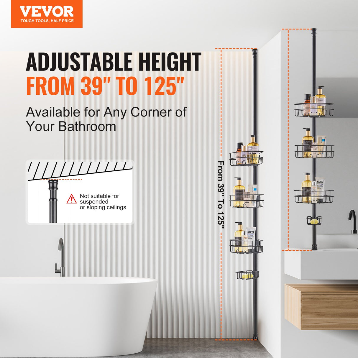 VEVOR 39" to 125" High Shower Corner Caddy Tension Pole Rust-Proof Tension Pole