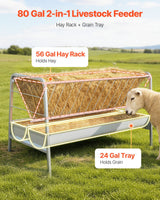 Livestock Hay Feeder, 2 in 1 Grain & Hay Feeder, 300L Capacity, 147 cm Long Goat Pasture Feeding with Deeper Feeding Pan, Heavy Duty Steel Grain Holder for Sheep Sheds, Farms, Horse Barns, Yards - Front View