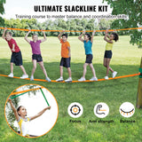 VEVOR Slackline Kit with Training Line, 18.3m Backyard Slack Line Equipment, Easy Setup Tight Rope for Kids Adults, Complete Slackline Set with Tree Protectors, Arm Trainer, Carry Bag, and Instruction - Front View