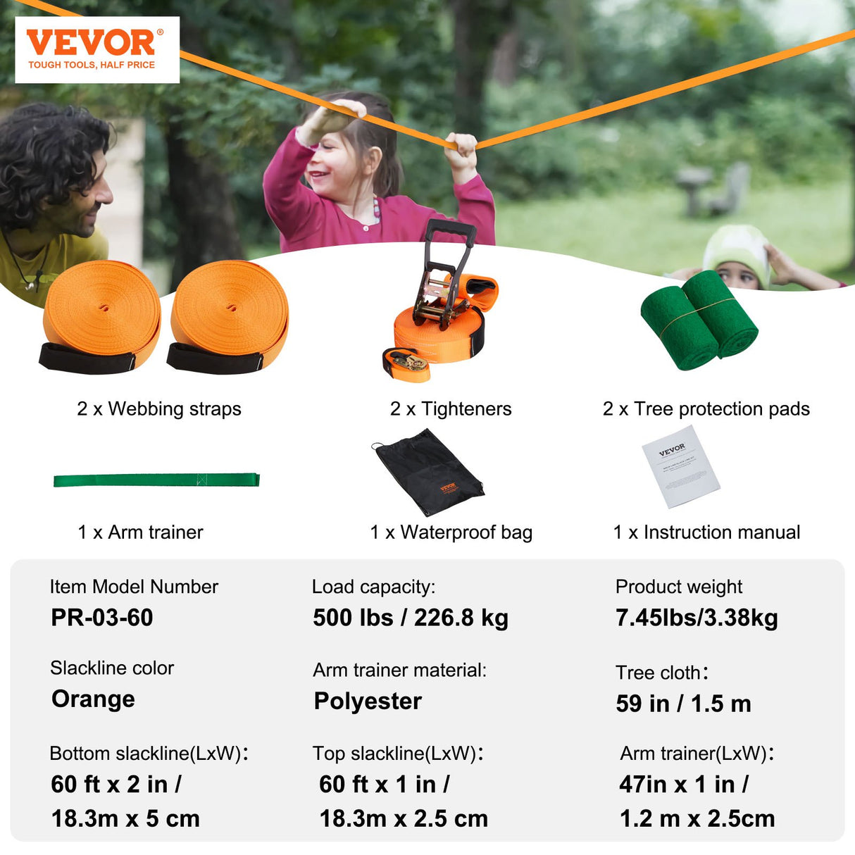 VEVOR Slackline Kit with Training Line, 18.3m Backyard Slack Line Equipment, Easy Setup Tight Rope for Kids Adults, Complete Slackline Set with Tree Protectors, Arm Trainer, Carry Bag, and Instruction