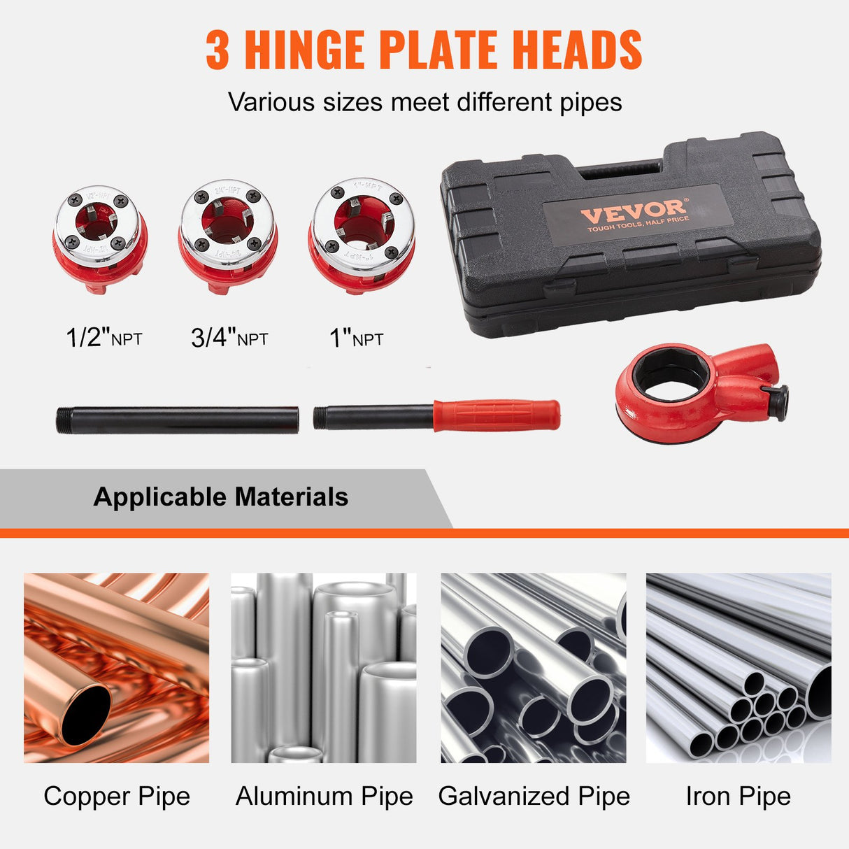 VEVOR Ratchet Pipe Threader Kit, 1/2" NPT, 3/4" NPT, 1" NPT Manual Ratcheting Pipe Threader, Portable Pipe Threading Tool Set with 3PCS NPT Dies,