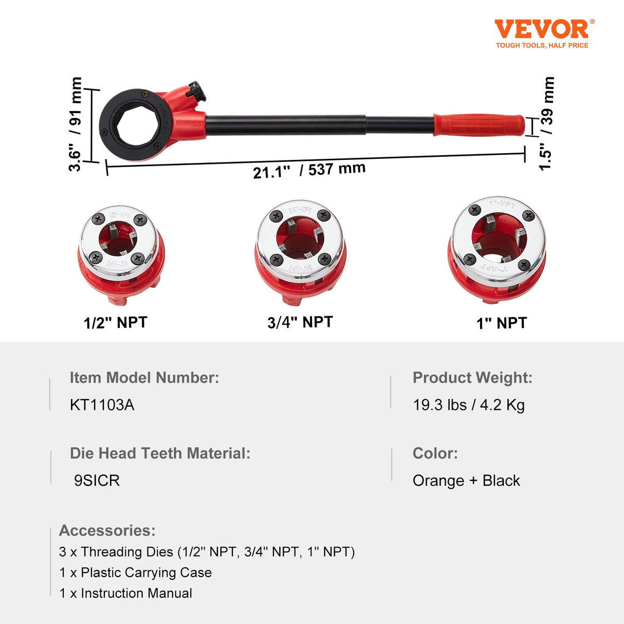 VEVOR Ratchet Pipe Threader Kit, 1/2" NPT, 3/4" NPT, 1" NPT Manual Ratcheting Pipe Threader, Portable Pipe Threading Tool Set with 3PCS NPT Dies,