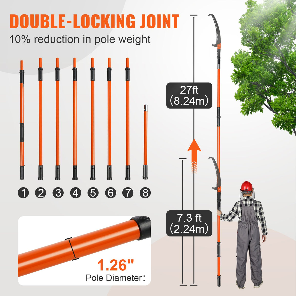 VEVOR Manual Pole Saw, 2.24 m-8.24 m Extendable Tree Pruner, Sharp Steel Blade High Branches Trimming, Manual Branch Trimmer with Lightweight 8