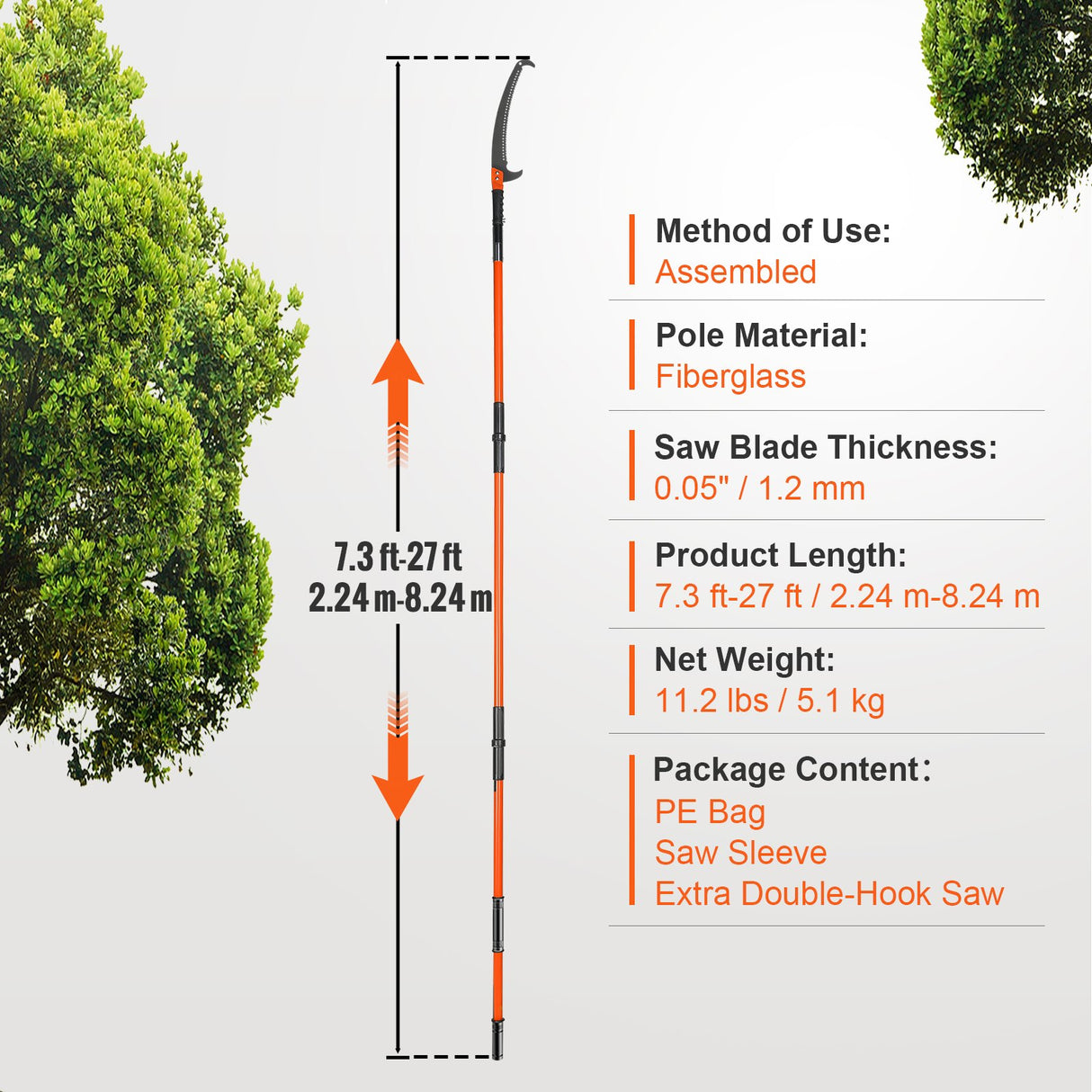 VEVOR Manual Pole Saw, 2.24 m-8.24 m Extendable Tree Pruner, Sharp Steel Blade High Branches Trimming, Manual Branch Trimmer with Lightweight 8