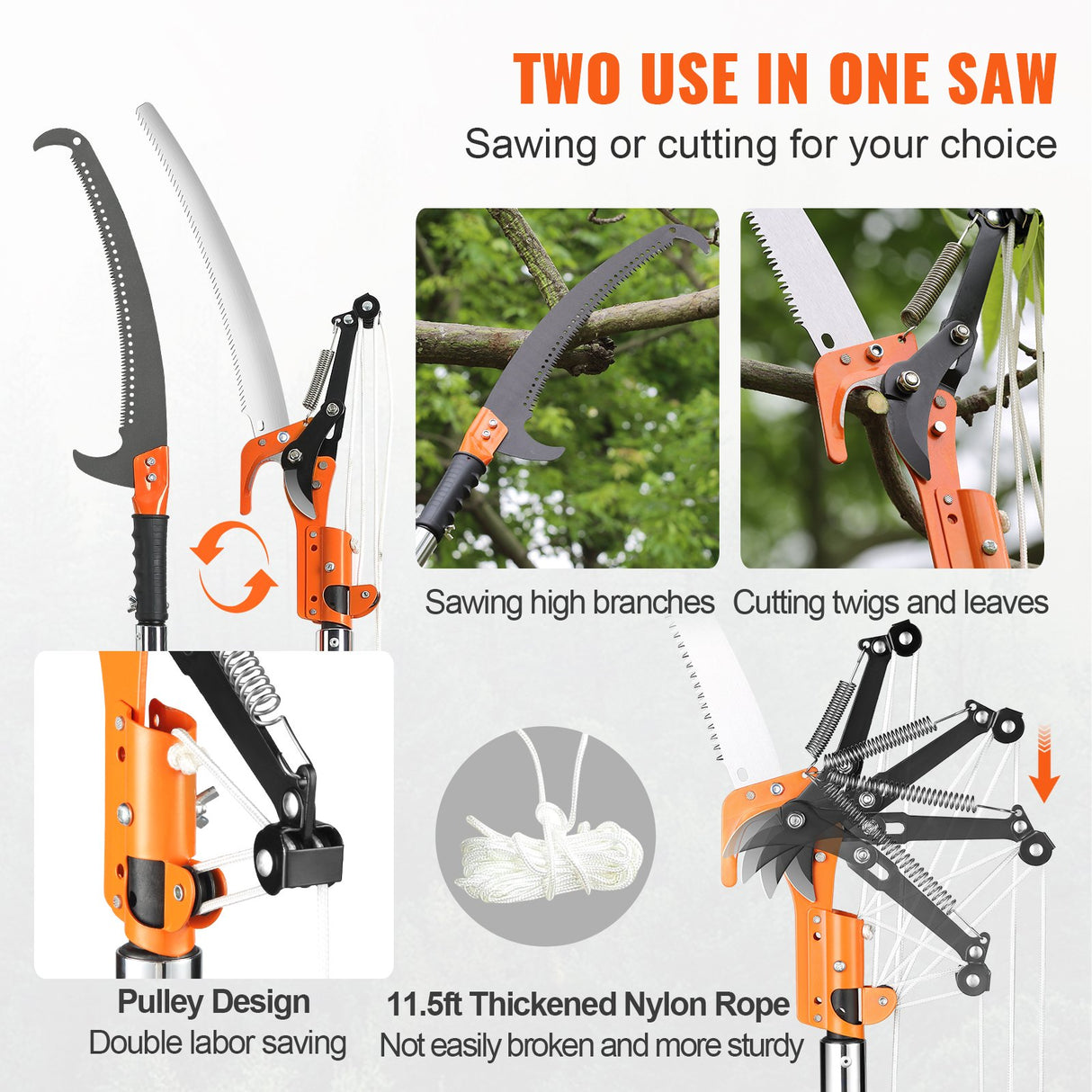 VEVOR Manual Pole Saw, 2.24 m-8.24 m Extendable Tree Pruner, Sharp Steel Blade and Scissors High Branches Trimming, Branch Trimmer with Lightweight 8 Fiberglass Handles, for Pruning Palms and Shrubs
