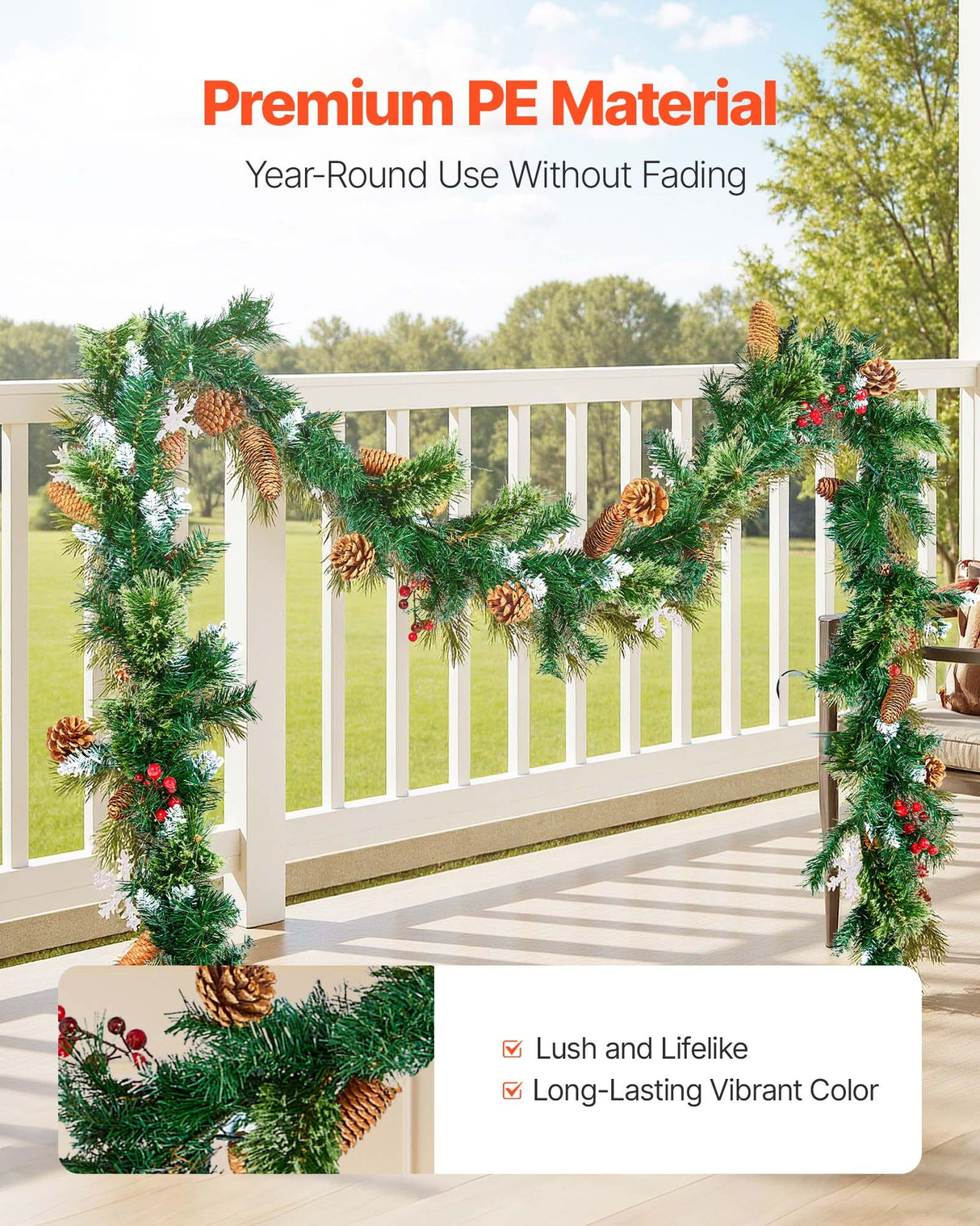 Christmas Garland, 2750mm Artificial Christmas Garland with Light String, Faux Greenery Decoration with Berry Clusters, Pine Needles, Pine Cones, Realistic Xmas Collection for Mantel Fireplace