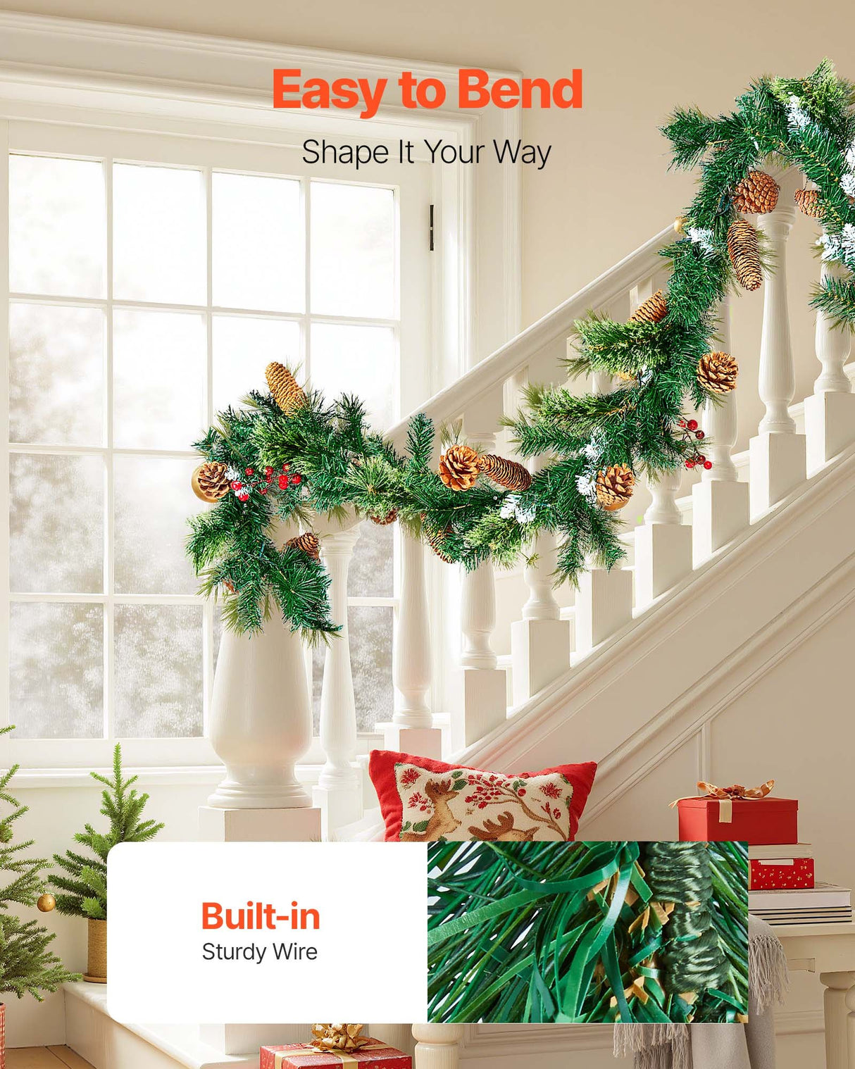 Christmas Garland, 2750mm Artificial Christmas Garland with Light String, Faux Greenery Decoration with Berry Clusters, Pine Needles, Pine Cones, Realistic Xmas Collection for Mantel Fireplace