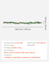 VEVOR Christmas Garland, 2750mm Artificial Christmas Garland with Light String, Faux Greenery Decoration with Berry Clusters, Pine Needles, Pine Cones, Realistic Xmas Collection for Mantel Fireplace - Close-Up Angle