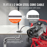 VEVOR Drain Cleaner Machine Drain Auger 75FT x 1/2 Inch Manual Feed & 4 Cutters - Side View