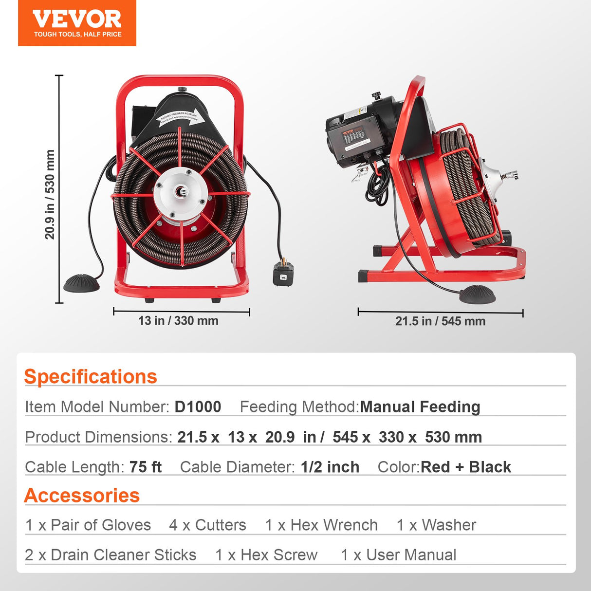 VEVOR Drain Cleaner Machine Drain Auger 75FT x 1/2 Inch Manual Feed & 4 Cutters