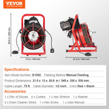 VEVOR Drain Cleaner Machine Drain Auger 75FT x 1/2 Inch Manual Feed & 4 Cutters - Close-Up Angle
