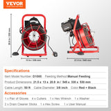 VEVOR Drain Cleaner Machine Drain Auger 50FT x 3/8 Inch Manual Feed & 4 Cutters - Close-Up Angle