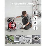 Drain Cleaner Machine 15m x 13mm, Manual Feed Sewer Snake Auger on Wheels - with 4 Cutters & Air-activated Foot Switch for 50mm to 150mm Pipes