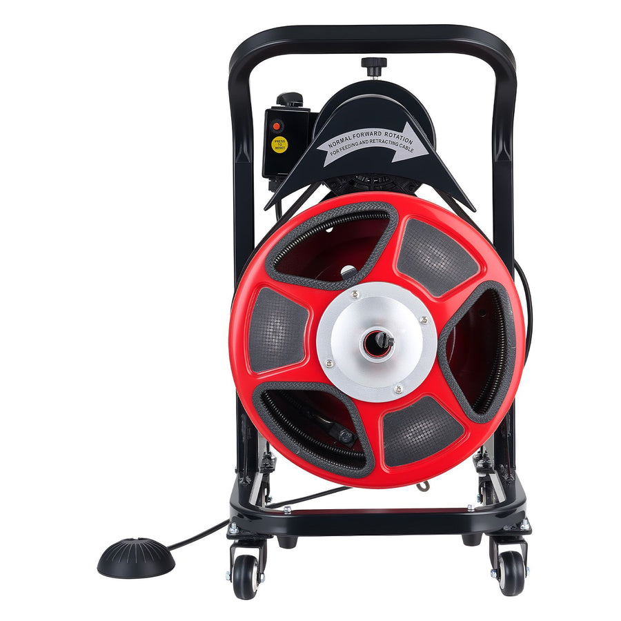 Drain Cleaner Machine 15m x 13mm, Manual Feed Sewer Snake Auger on Wheels - with 4 Cutters & Air-activated Foot Switch for 50mm to 150mm Pipes