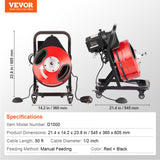 VEVOR Drain Cleaner Machine 50FT x 1/2 Inch Manual Feed Snake Auger with Wheels - Close-Up Angle
