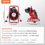VEVOR Drain Cleaner Machine Drain Auger 75FT x 3/8 Inch Manual Feed & 4 Cutters - Close-Up Angle