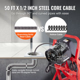 VEVOR Drain Cleaner Machine Drain Auger 50FT x 1/2 Inch Manual Feed & 4 Cutters - Side View