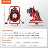 VEVOR Drain Cleaner Machine Drain Auger 50FT x 1/2 Inch Manual Feed & 4 Cutters - Close-Up Angle