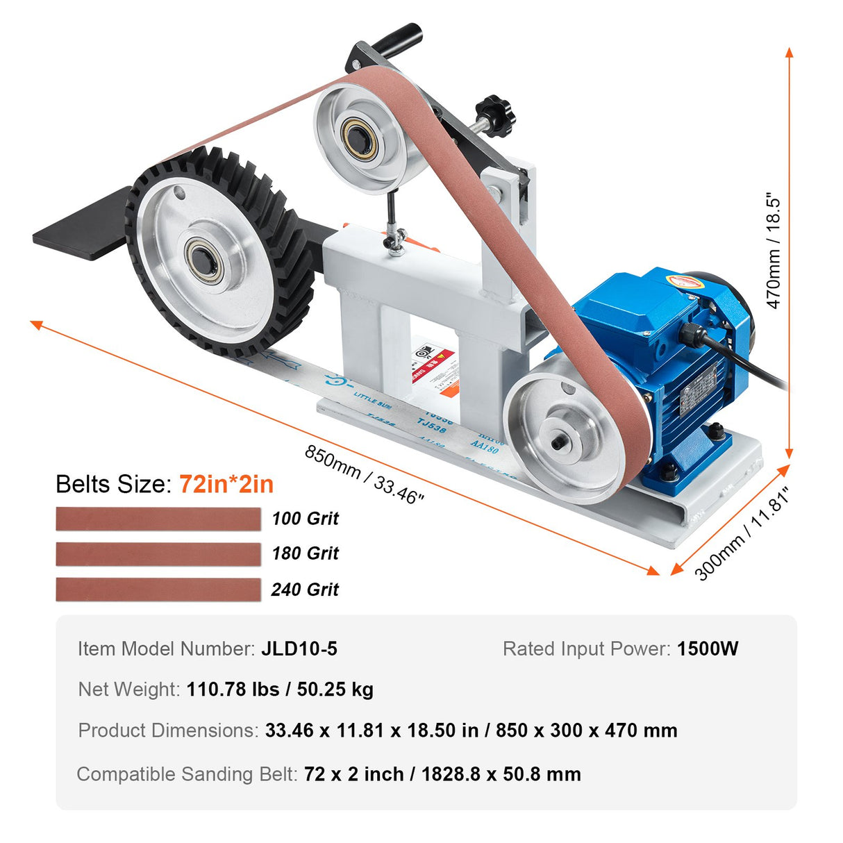 VEVOR Belt Grinder Sander, 72 x 2-Inch Variable Speed Belt Polisher with VFD, 1500W 2HP Polishing Grinding Machine with 3 Grinding Moulds & 3PCS Sanding Belts for Metalworking, Knife Making