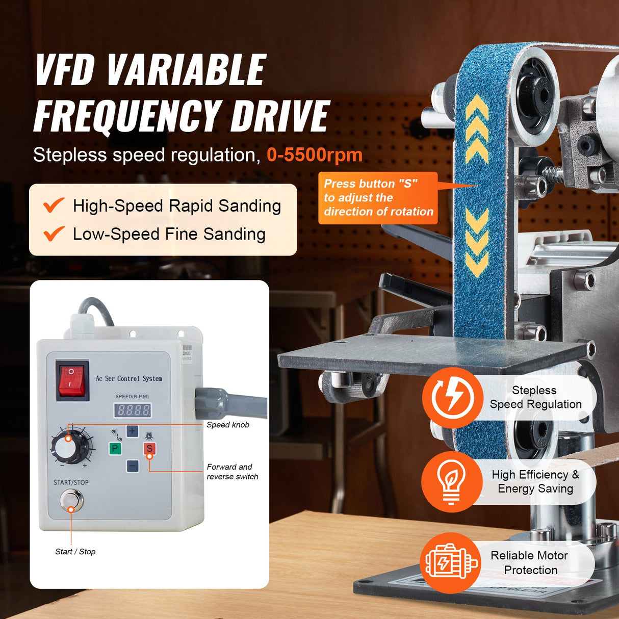 VEVOR Belt Grinder Sander, 30 x 1-Inch Variable Speed Belt Polisher with VFD, 550W Polishing Grinding Machine with 2 Grinding Moulds & 3PCS Sanding