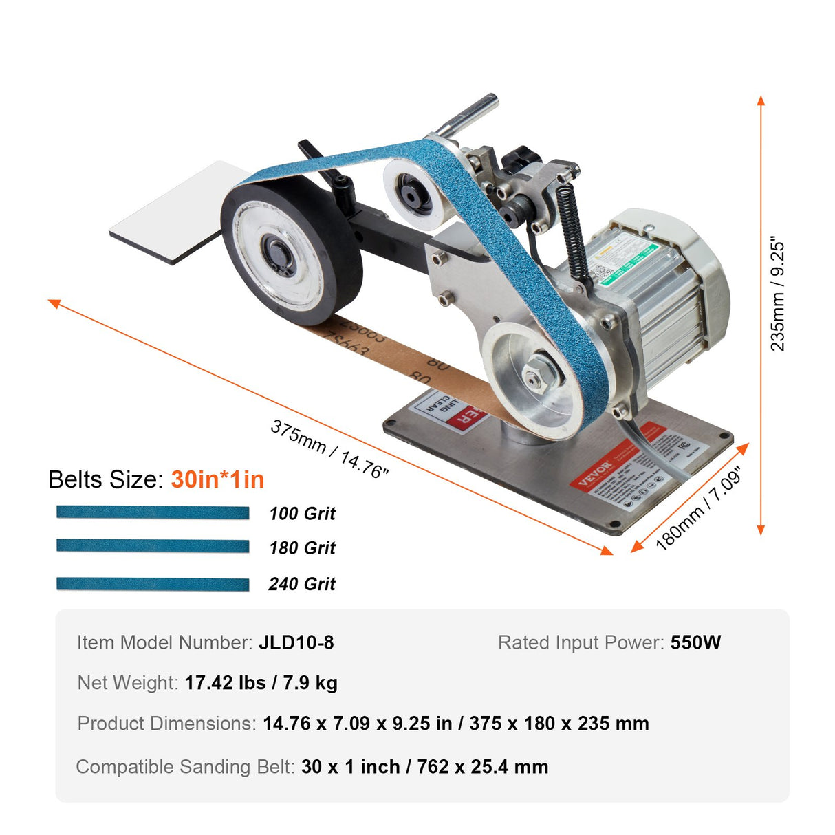 VEVOR Belt Grinder Sander, 30 x 1-Inch Variable Speed Belt Polisher with VFD, 550W Polishing Grinding Machine with 2 Grinding Moulds & 3PCS Sanding