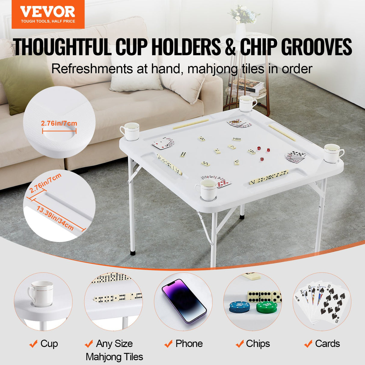 VEVOR Mahjong Table, Square 4 Player Folding Card Table with 4 Cup Holders & 4 Chip Trays, Portable Domino Game Table with 1 Set of Dominoes for