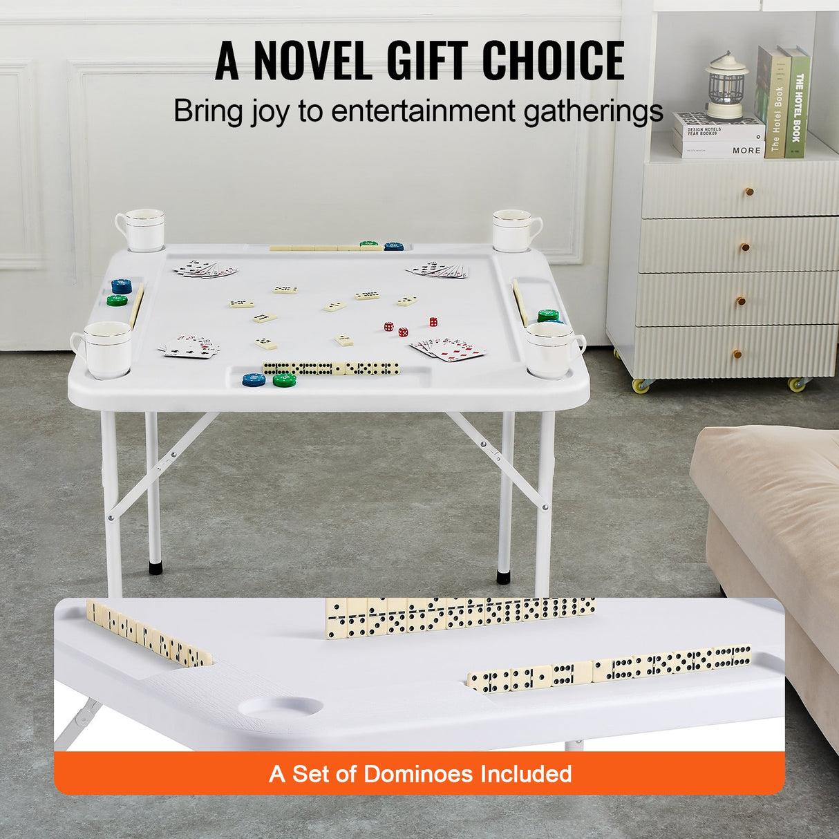 VEVOR Mahjong Table, Square 4 Player Folding Card Table with 4 Cup Holders & 4 Chip Trays, Portable Domino Game Table with 1 Set of Dominoes for Mahjong Poker Puzzles, 90 x 90-inch, White