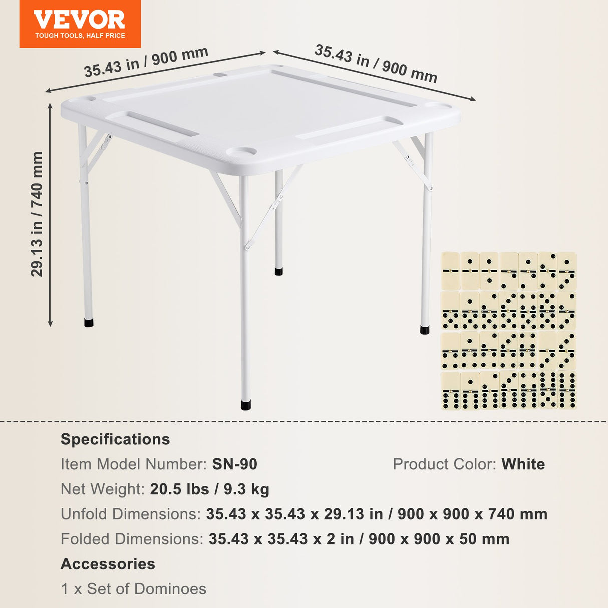 VEVOR Mahjong Table, Square 4 Player Folding Card Table with 4 Cup Holders & 4 Chip Trays, Portable Domino Game Table with 1 Set of Dominoes for