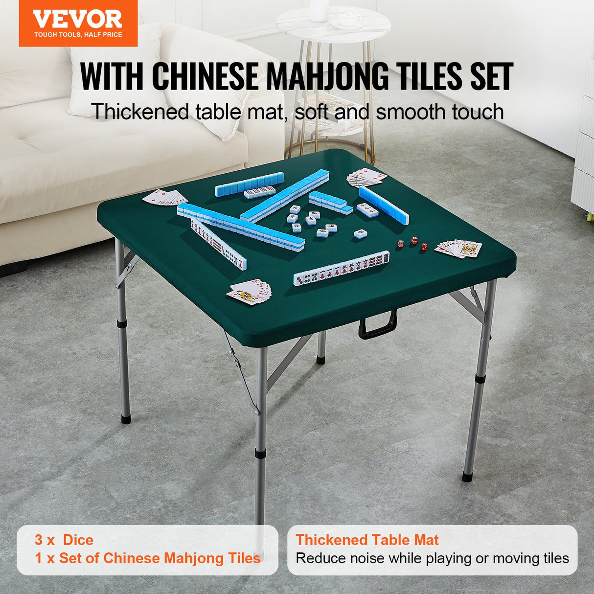 VEVOR Mahjong Table with Mahjong Tiles Set, Fold-in-Half 4 Player Card Table with 144PCS Majiang Tiles and 3 Dice, Portable Bi-Folding Domino Table