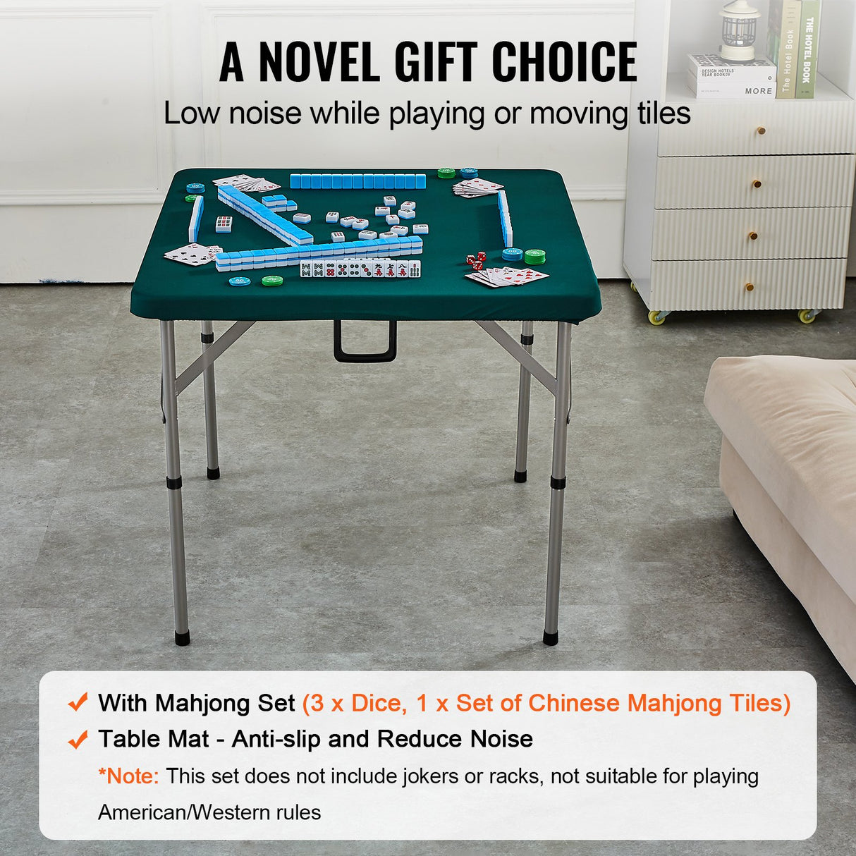 VEVOR Mahjong Table with Mahjong Tiles Set, Fold-in-Half 4 Player Card Table with 144PCS Majiang Tiles and 3 Dice, Portable Bi-Folding Domino Table